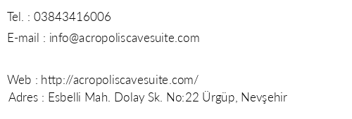 Acropolis Cave Suite telefon numaralar, faks, e-mail, posta adresi ve iletiim bilgileri